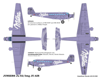 Kalkomania do Junkers Ju-52/3mg JU-AIR, Lima Oscar Decals LD144-20 skala 1/144