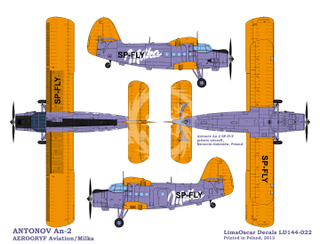 Kalkomania do Antonow An-2 Aerogryf/Milka, Lima Oscar Decals LD144-022 skala 1/144
