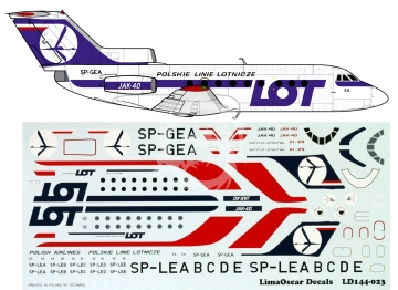 Kalkomania do Jak-40 PLL LOT/Instytut Lotnictwa, Lima Oscar Decals LD144-023 skala 1/144