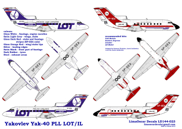 Kalkomania do Jak-40 PLL LOT/Instytut Lotnictwa, Lima Oscar Decals LD144-023 skala 1/144