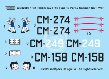 Zestaw kalkomanii Polikarpov I-16 Type 10 Part.2 - Spanish Civil War, Wolfpack WD32007 skala 1/32