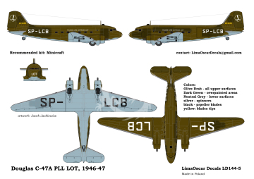 Kalkomania do Douglas C-47A PLL LOT, Lima Oscar Decals LD144-005 skala 1/144
