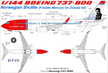 Boeing 737-800 Norwegian Shuttle, EL-FVX (Freddie Mercury) Uprise URS1443b (for Zvezda) skala 1/144