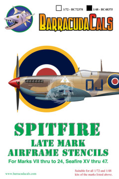 Zestaw kalkomanii Spitfire Later Marks Airframe Stencils BarracudaCals BC48375 skala 1/48