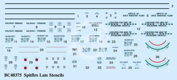 Zestaw kalkomanii Spitfire Later Marks Airframe Stencils BarracudaCals BC48375 skala 1/48