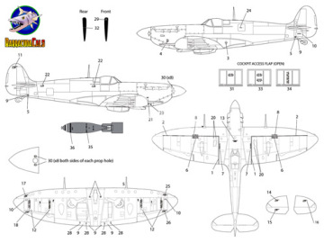 Zestaw kalkomanii Spitfire Later Marks Airframe Stencils BarracudaCals BC48375 skala 1/48