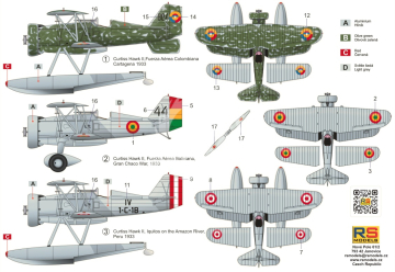 Grand Chaco War Curtiss Hawk II 3 decal versions for Colombia, Peru and Bolivia - RS Models 92293 skala 1/72