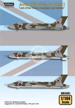 Zestaw kalkomanii Avro 698 Vulcan Part.1 Last of the Vulcan Bombers and Tankers, Wolfpack WD14401 skala 1/144