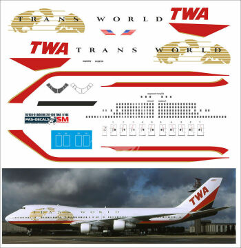 Boeing 747-100 TWA Trans World NEW N128TW Kalkomania Pas-Decals skala 1/144